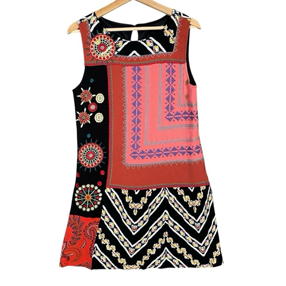Desigual Creta Dress 38 Boho Embroidered Mixed Print Eclectic Ethnic Patchwork - Picture 1 of 16